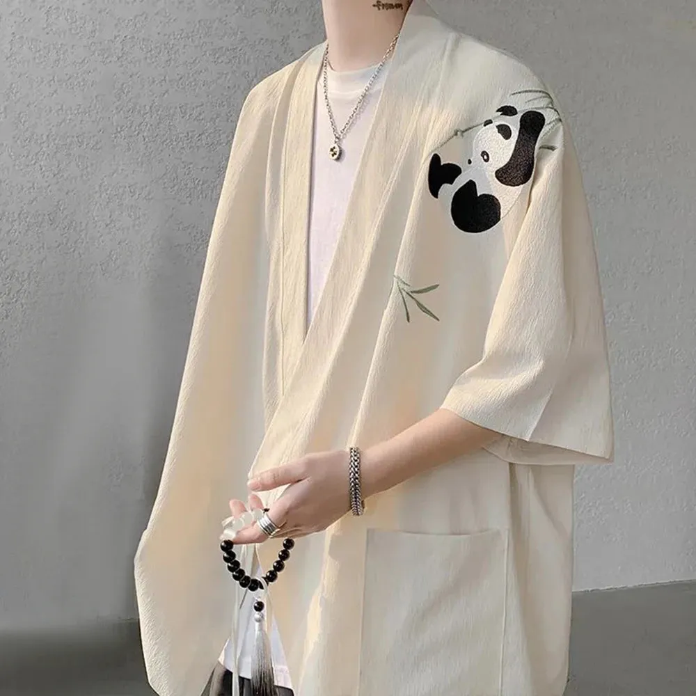 Aidase Mens Panda Embroidered Chinese Style Short Sleeve Cloak Genderless 2024 New Fashion Temperament Versatile Trend Jacket Unisex