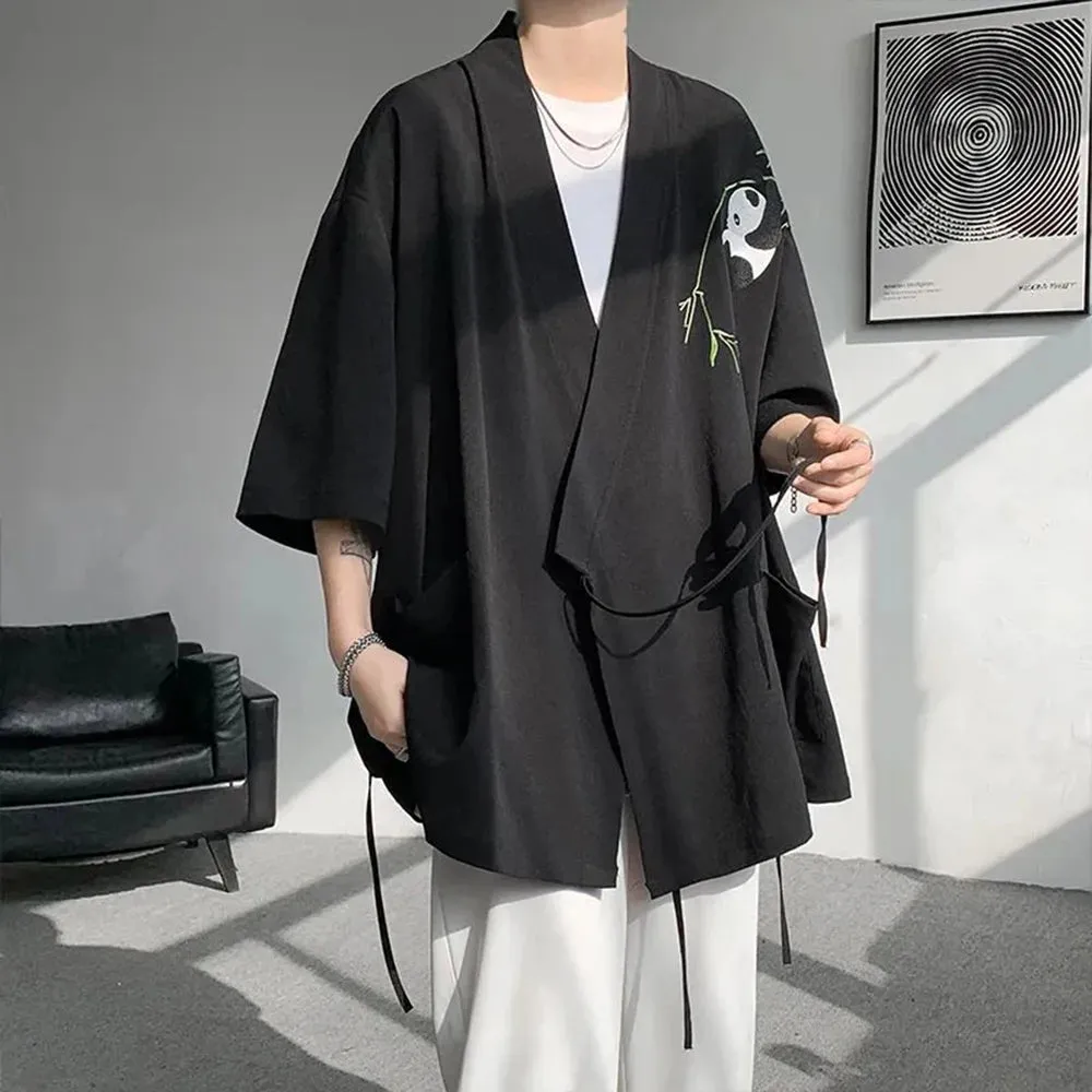 Aidase Mens Panda Embroidered Chinese Style Short Sleeve Cloak Genderless 2024 New Fashion Temperament Versatile Trend Jacket Unisex