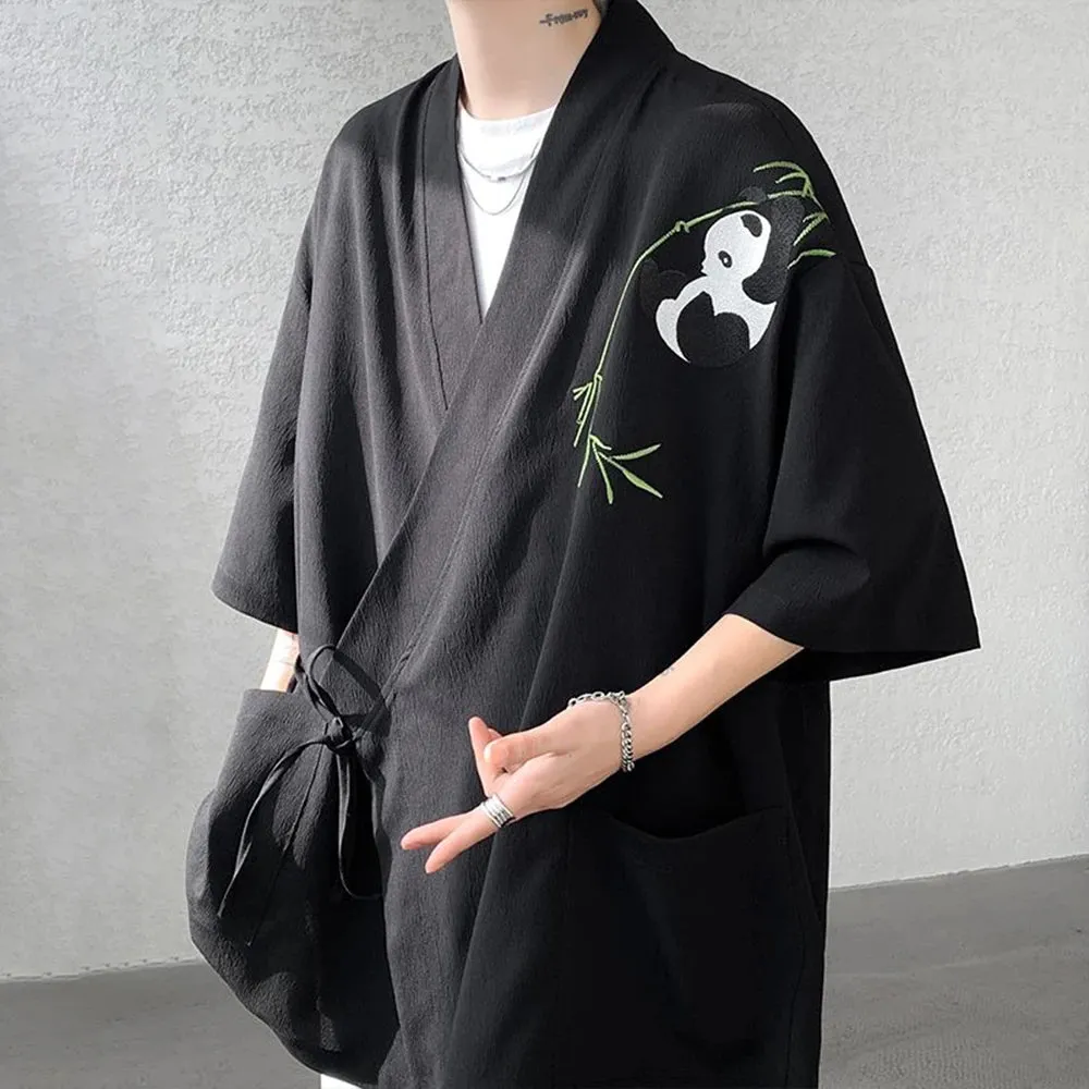 Aidase Mens Panda Embroidered Chinese Style Short Sleeve Cloak Genderless 2024 New Fashion Temperament Versatile Trend Jacket Unisex