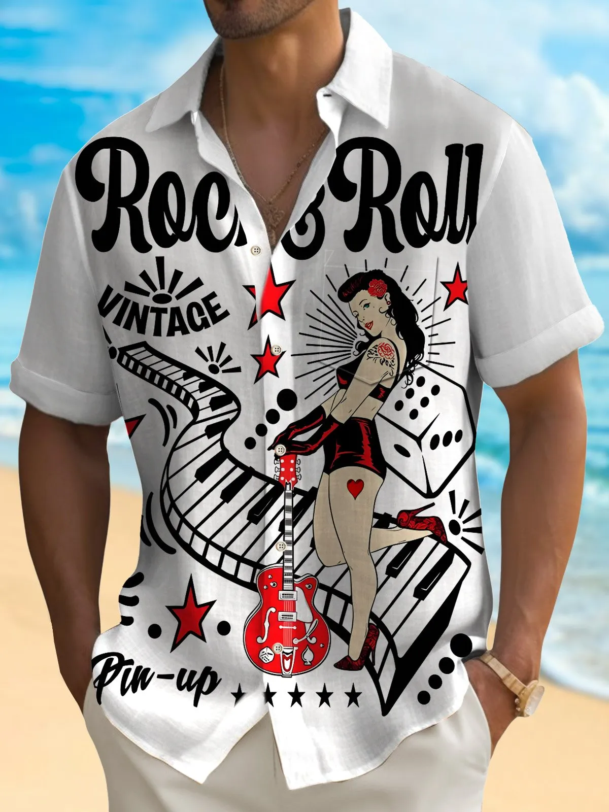 Alohadaddy 50's Retro Music Shirt Rock & Roll Pin Up Girl Art Wrinkle Free Seersucker Pocket Camp Shirt Big Tall