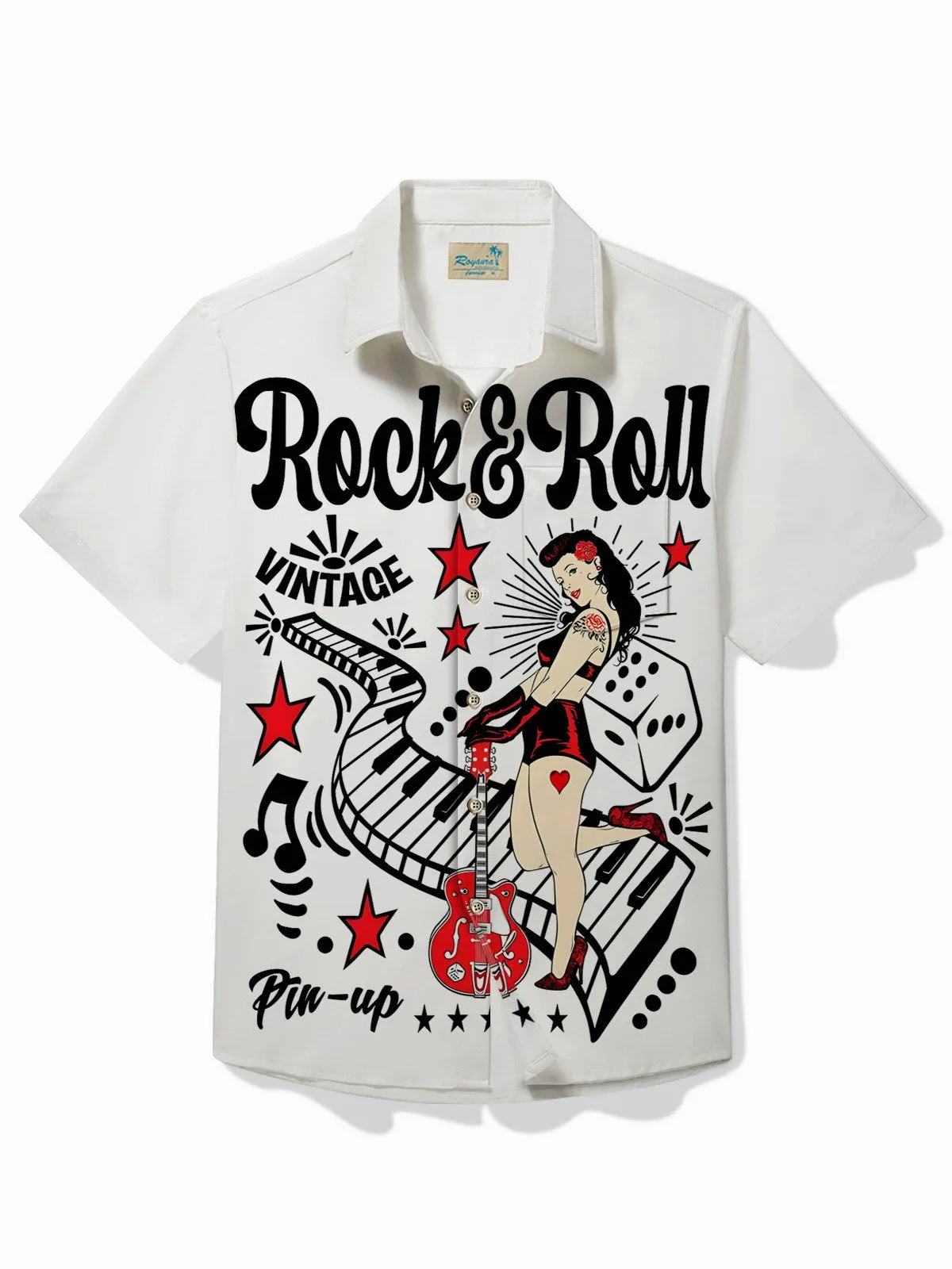 Alohadaddy 50's Retro Music Shirt Rock & Roll Pin Up Girl Art Wrinkle Free Seersucker Pocket Camp Shirt Big Tall