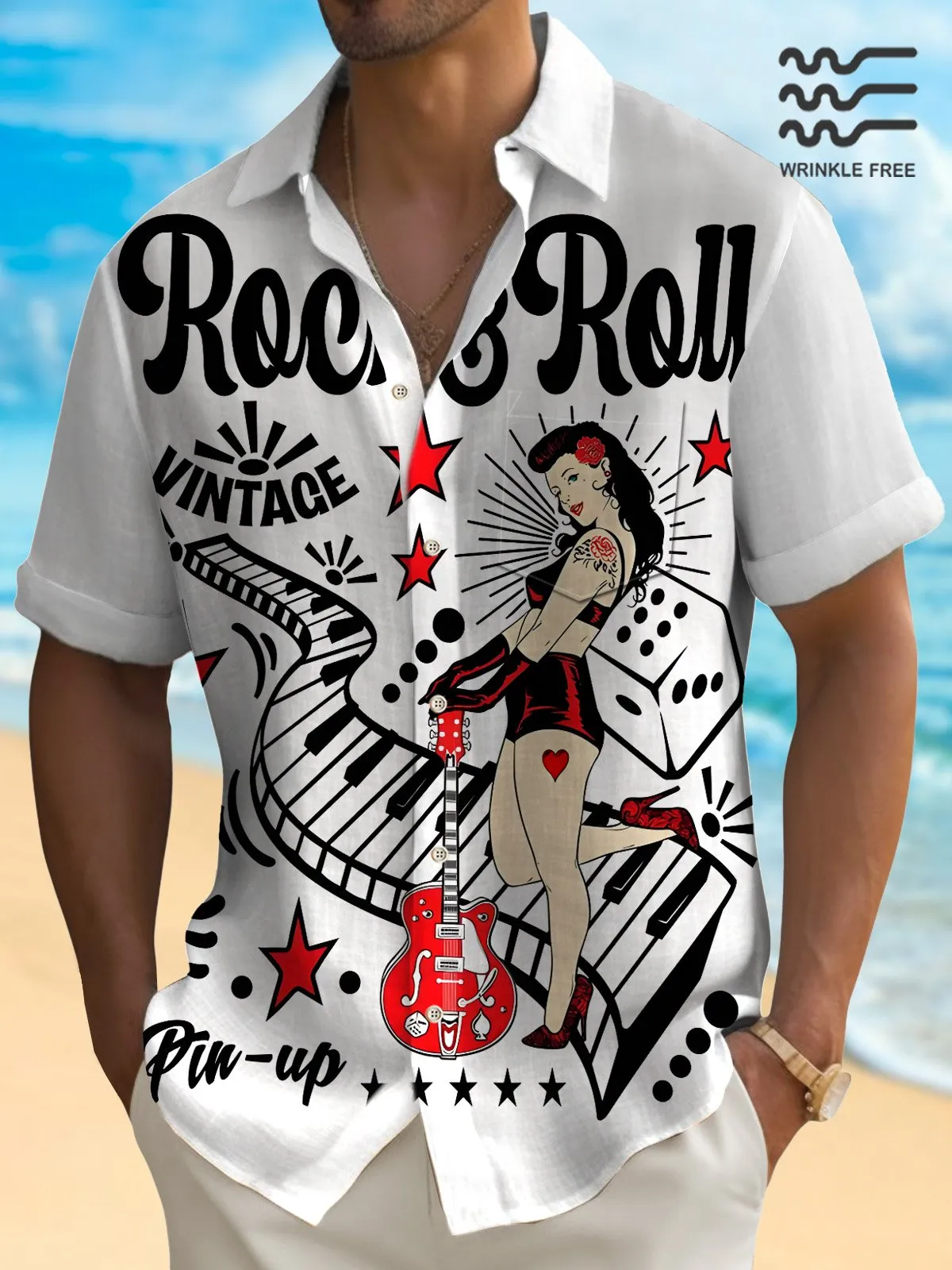 Alohadaddy 50's Retro Music Shirt Rock & Roll Pin Up Girl Art Wrinkle Free Seersucker Pocket Camp Shirt Big Tall