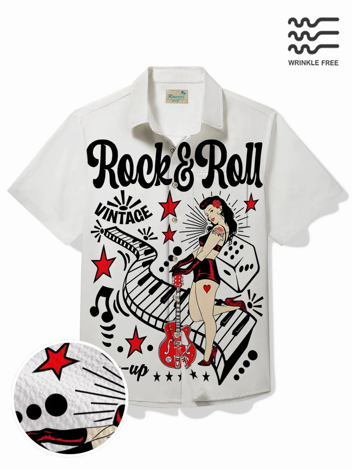 Alohadaddy 50's Retro Music Shirt Rock & Roll Pin Up Girl Art Wrinkle Free Seersucker Pocket Camp Shirt Big Tall