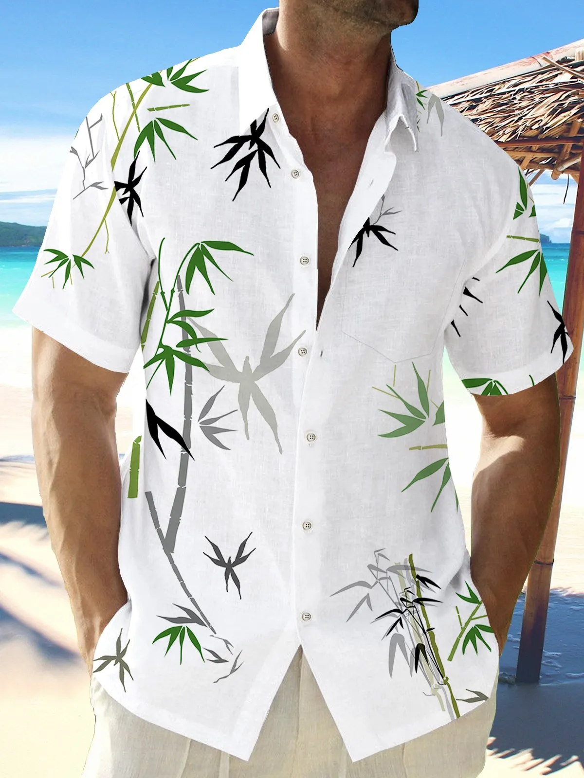 Alohadaddy Bamboo Print Beach Men's Hawaiian Oversized Shirt With Pocket Wrinkle-Free Shirt