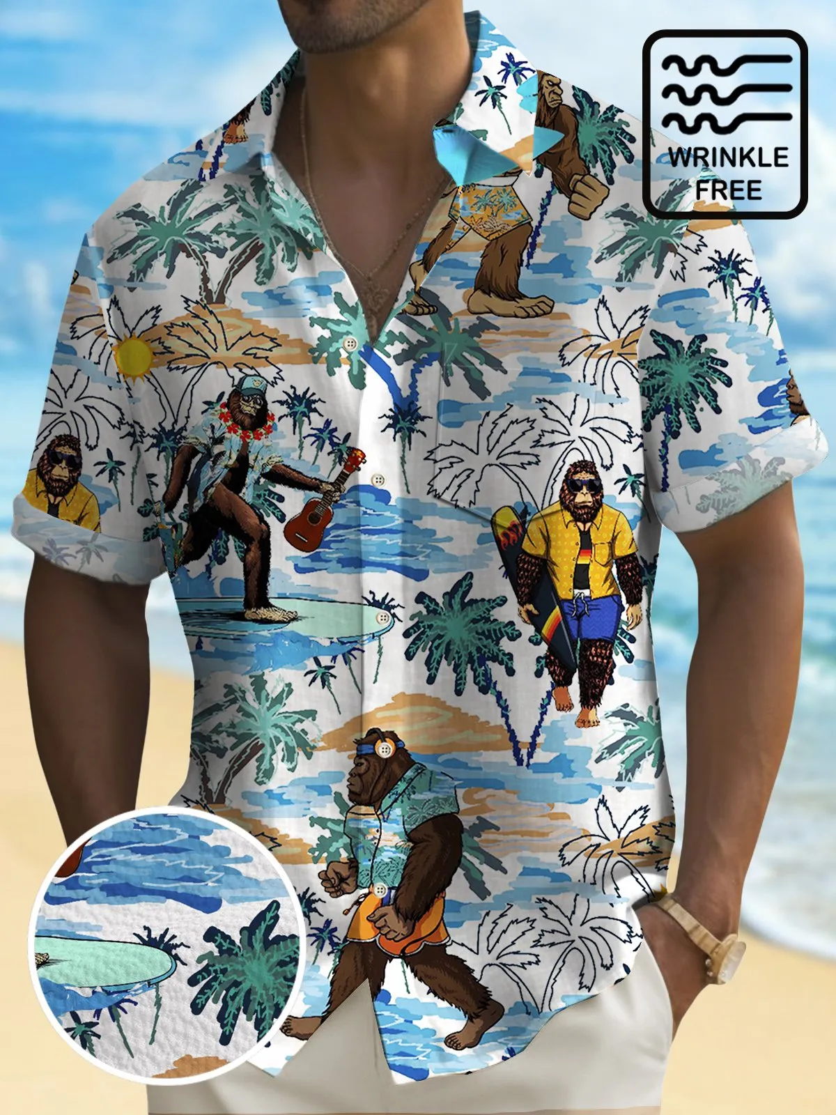 Alohadaddy Beach Holiday Men's Blue Hawaiian Shirts Coconut Bigfoot Wrinkle Free Seersucker Aloha Camp Pocket Shirts