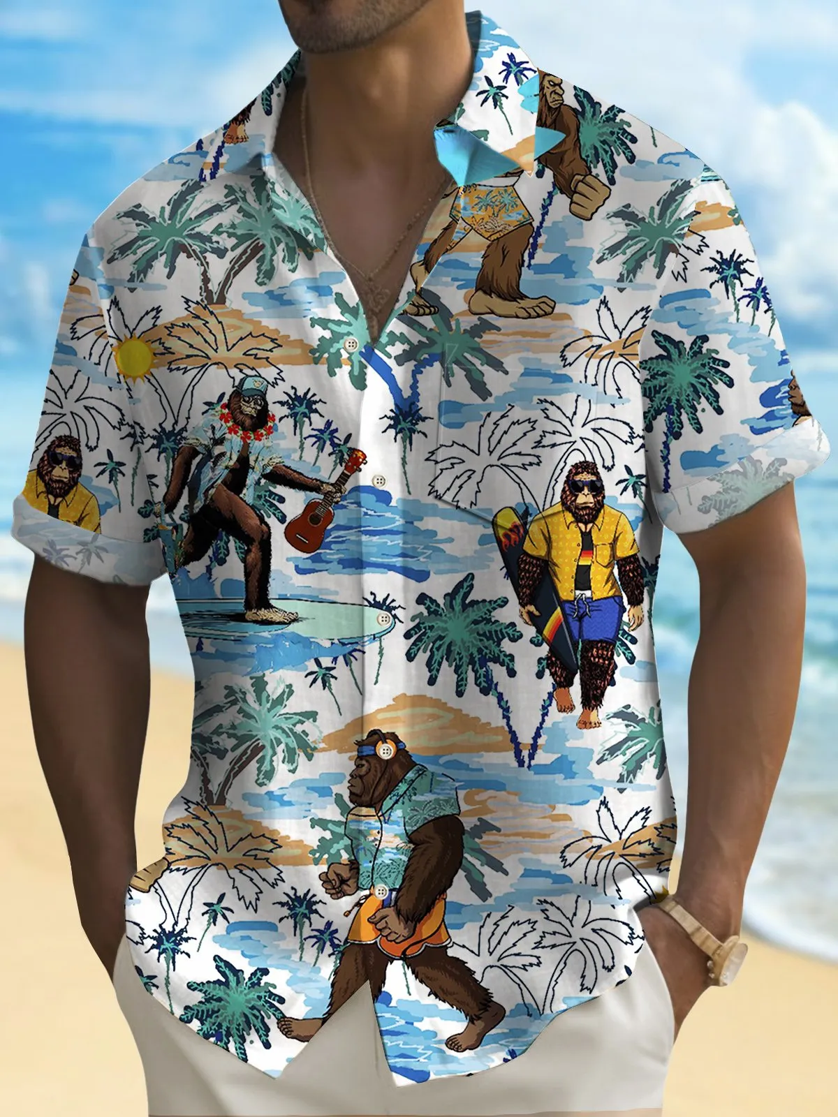 Alohadaddy Beach Holiday Men's Blue Hawaiian Shirts Coconut Bigfoot Wrinkle Free Seersucker Aloha Camp Pocket Shirts