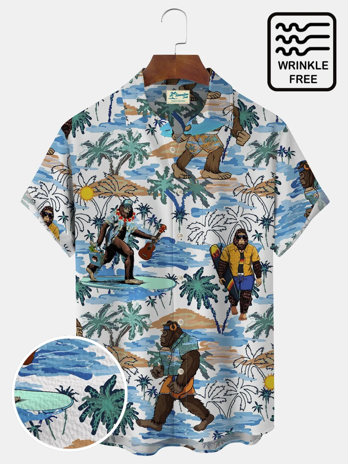 Alohadaddy Beach Holiday Men's Blue Hawaiian Shirts Coconut Bigfoot Wrinkle Free Seersucker Aloha Camp Pocket Shirts