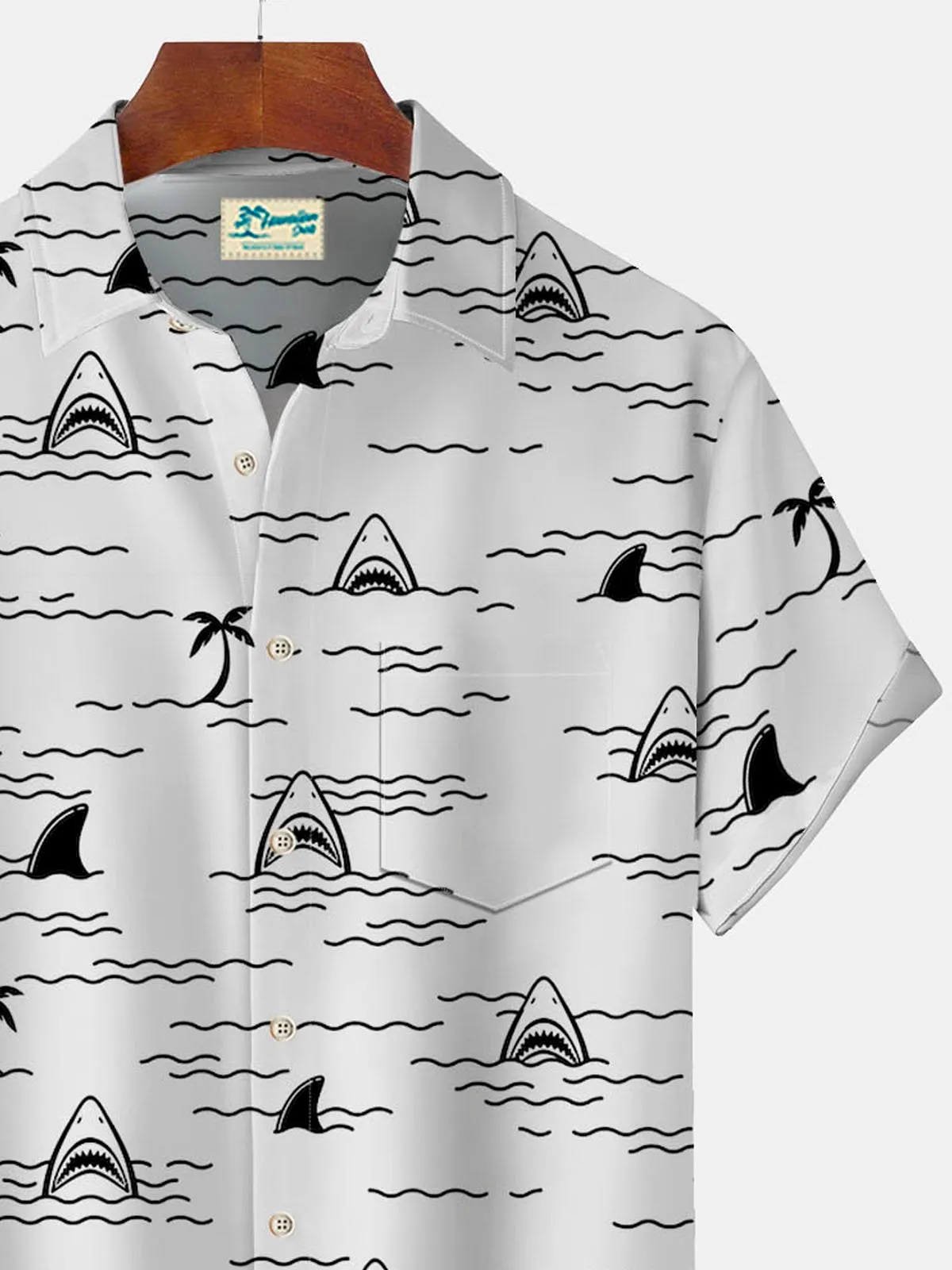 Alohadaddy Beach Holiday White Men's Hawaiian Shirts Cartoon Shark Coconut Tree Camp Shirts Big Tall