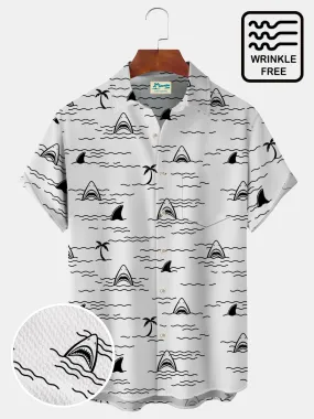 Alohadaddy Beach Holiday White Men's Hawaiian Shirts Cartoon Shark Coconut Tree Camp Shirts Big Tall