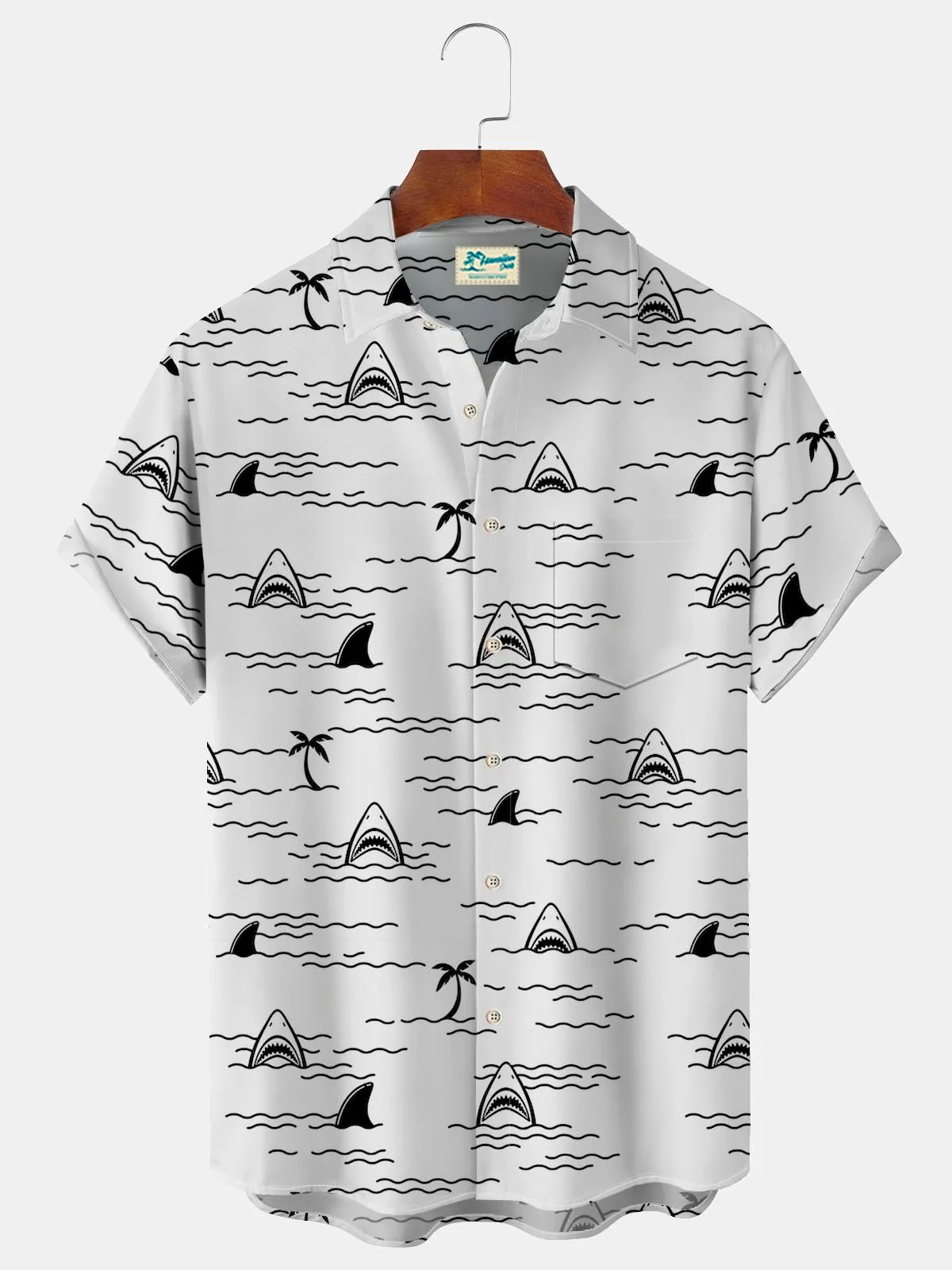 Alohadaddy Beach Holiday White Men's Hawaiian Shirts Cartoon Shark Coconut Tree Camp Shirts Big Tall