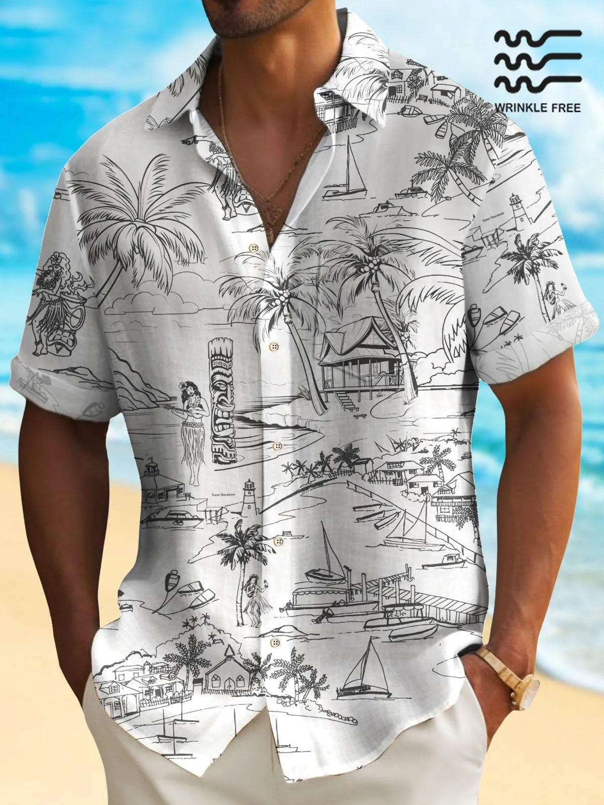 Alohadaddy Beach Vacation TIKI Totem Men's Hawaiian Shirt Wrinkle Free Seersucker Hula Girls Palm Tree Tropical Sculptor Shirt Big Tall