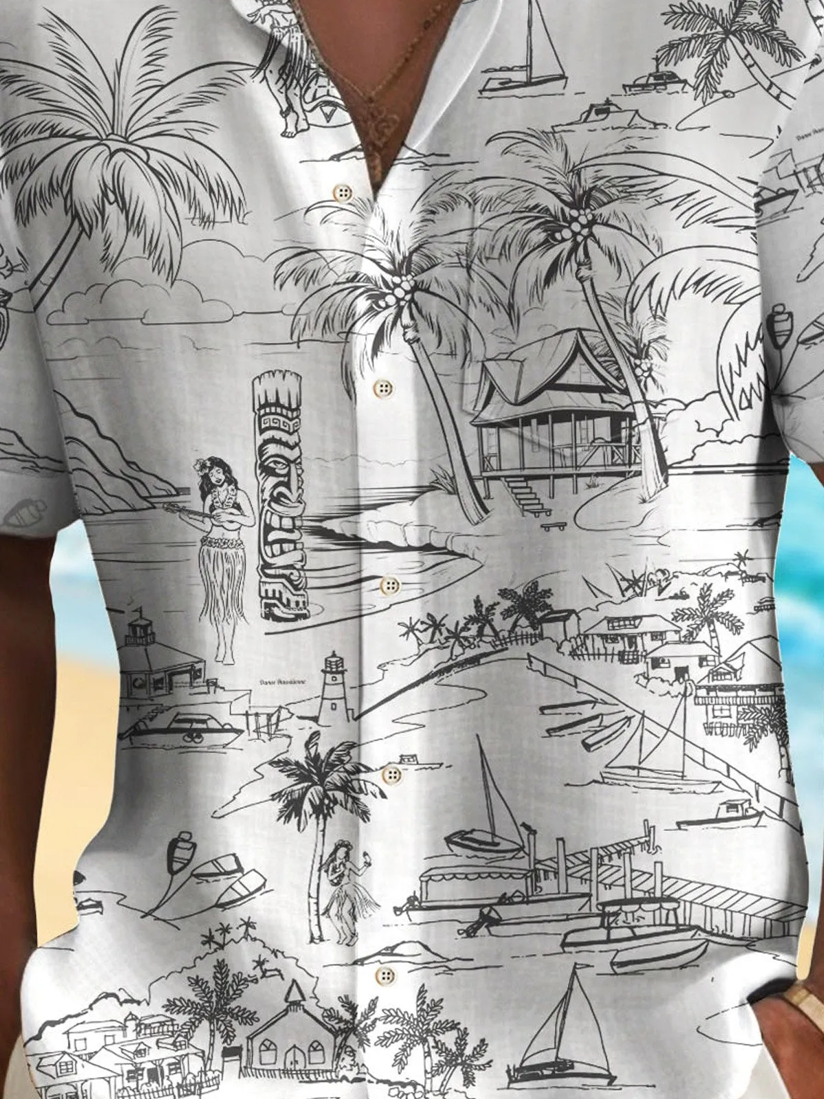 Alohadaddy Beach Vacation TIKI Totem Men's Hawaiian Shirt Wrinkle Free Seersucker Hula Girls Palm Tree Tropical Sculptor Shirt Big Tall