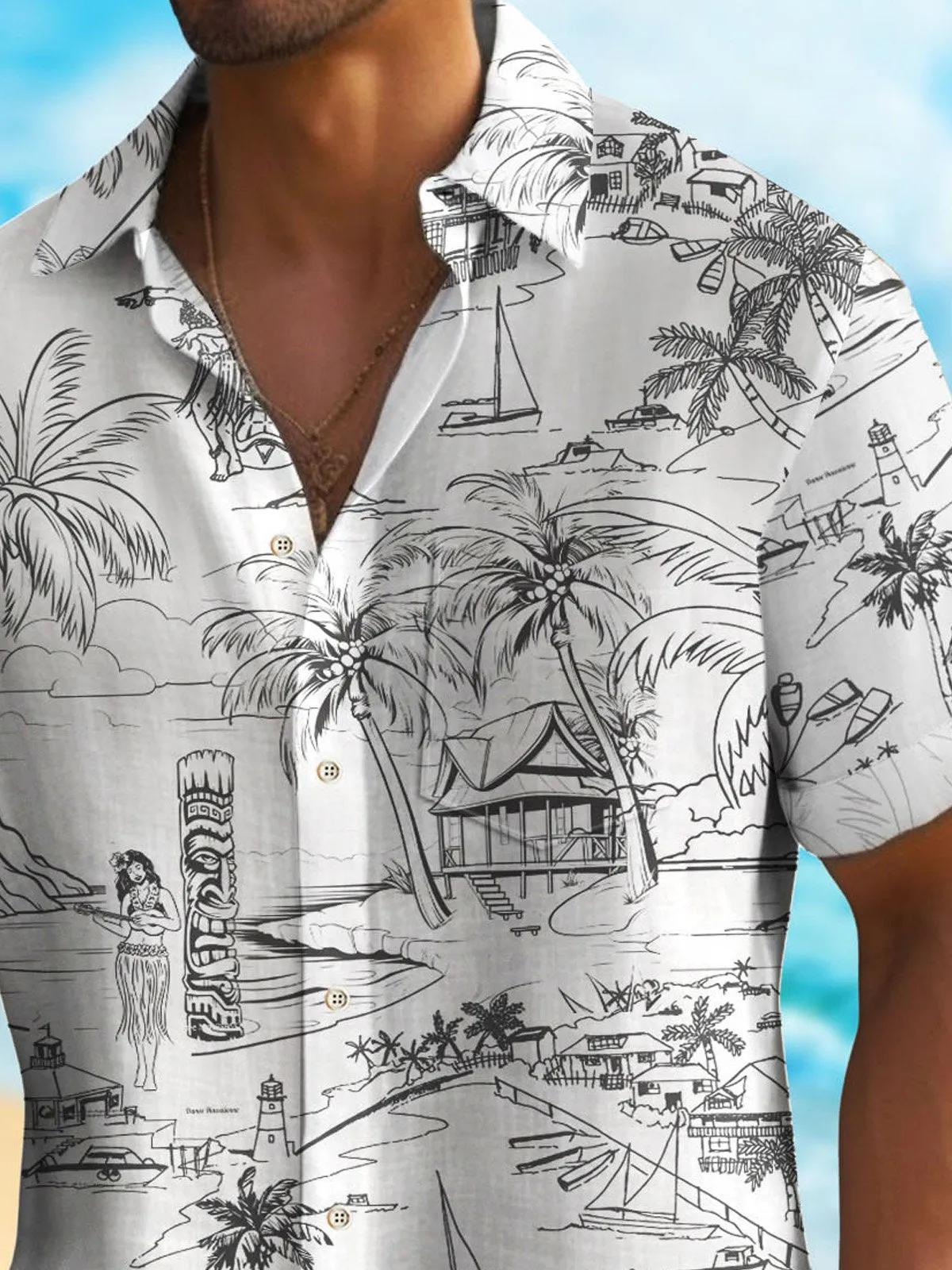 Alohadaddy Beach Vacation TIKI Totem Men's Hawaiian Shirt Wrinkle Free Seersucker Hula Girls Palm Tree Tropical Sculptor Shirt Big Tall