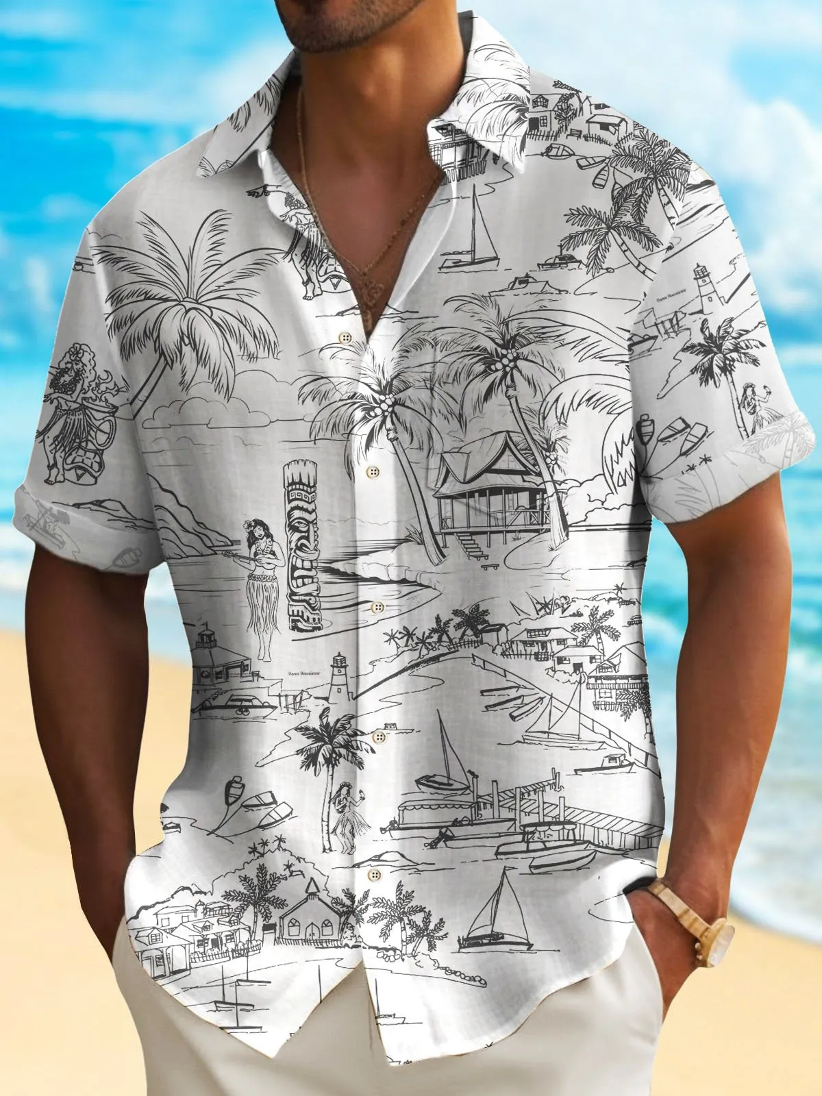 Alohadaddy Beach Vacation TIKI Totem Men's Hawaiian Shirt Wrinkle Free Seersucker Hula Girls Palm Tree Tropical Sculptor Shirt Big Tall