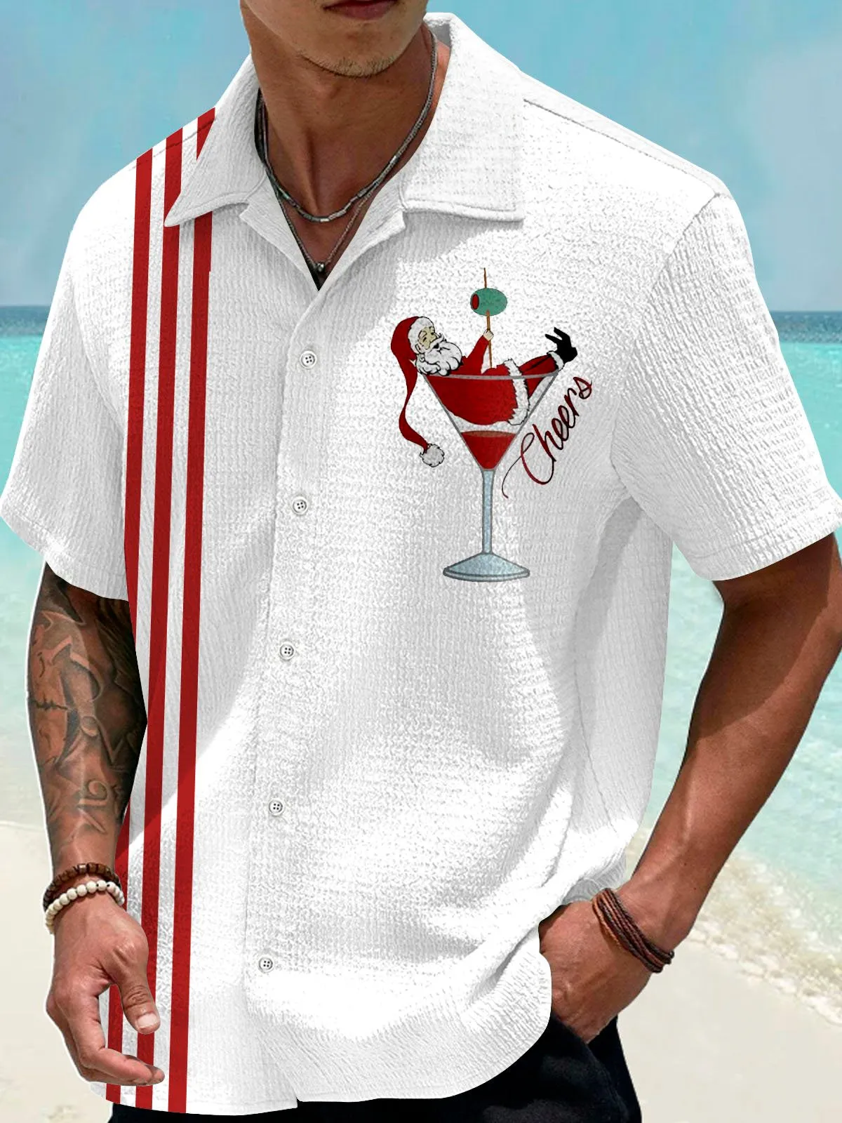 Alohadaddy Christmas Santa 3D Digital Print Men's Button Pocket Short Sleeve Shirt Big & Tall