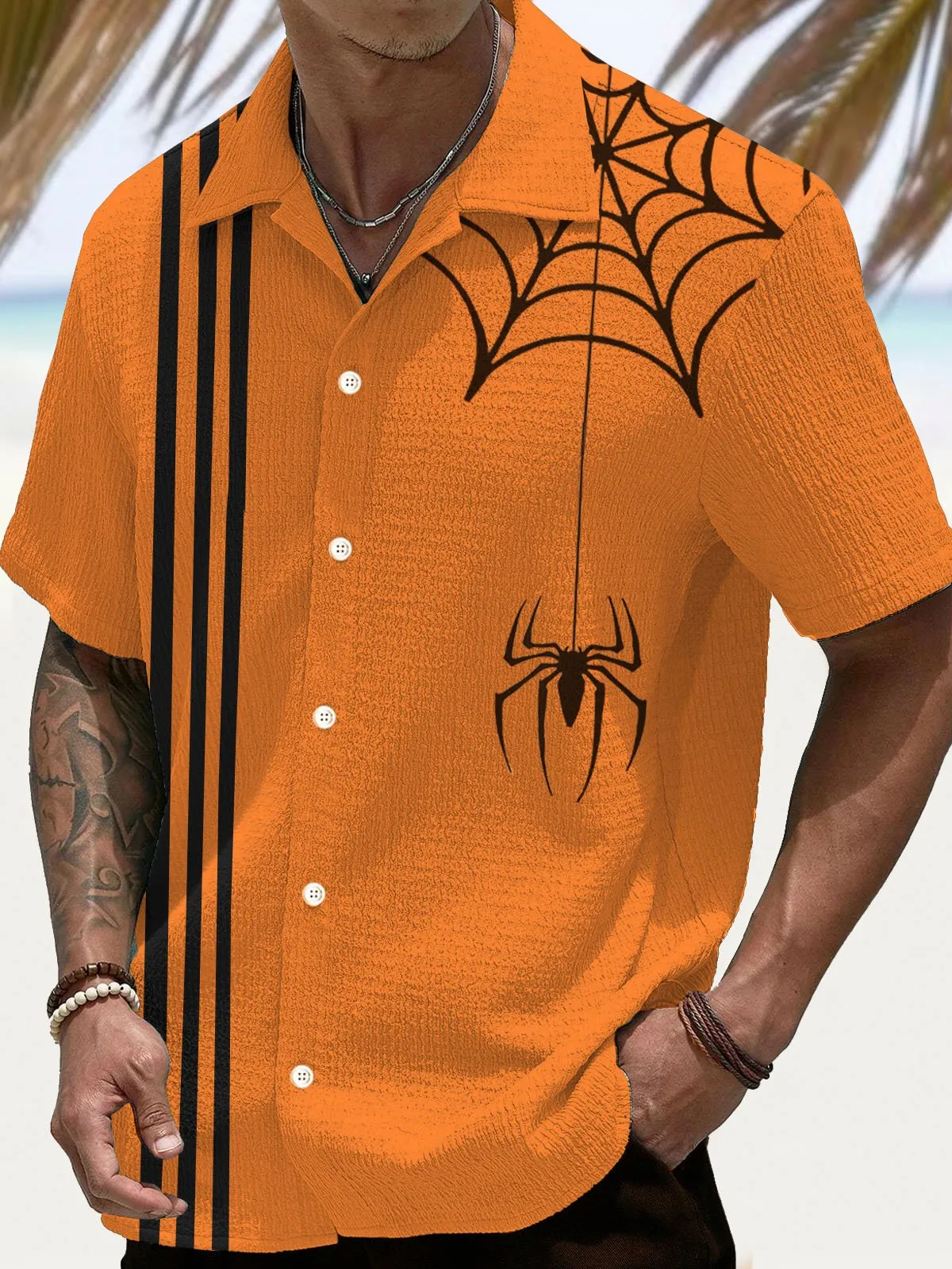 Alohadaddy Halloween Spider Stripe 3D Digital Print Men's Button Pocket Short Sleeve Shirt Big & Tall