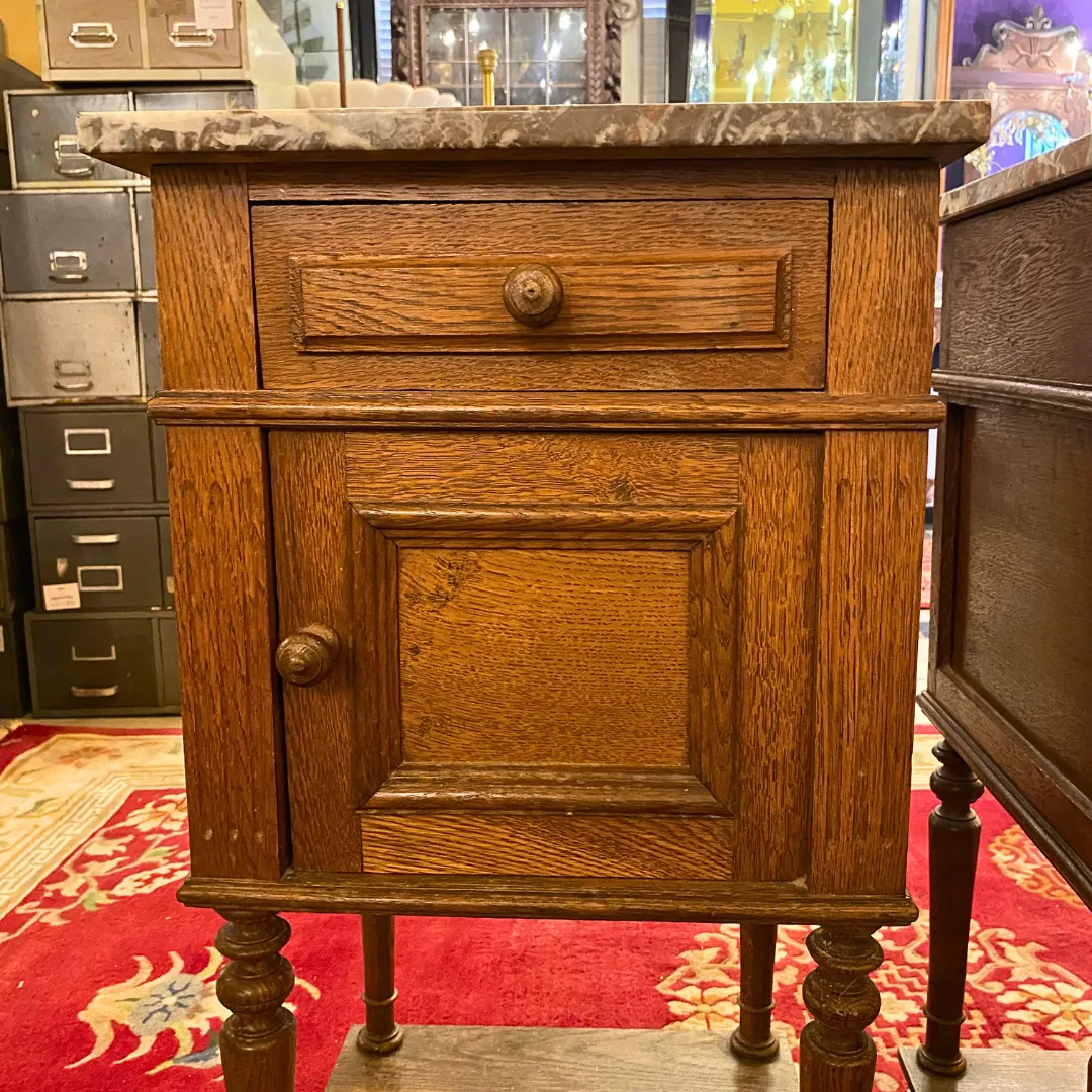 Antique Pair of Bedside Pedestals with Mottled Marble Top