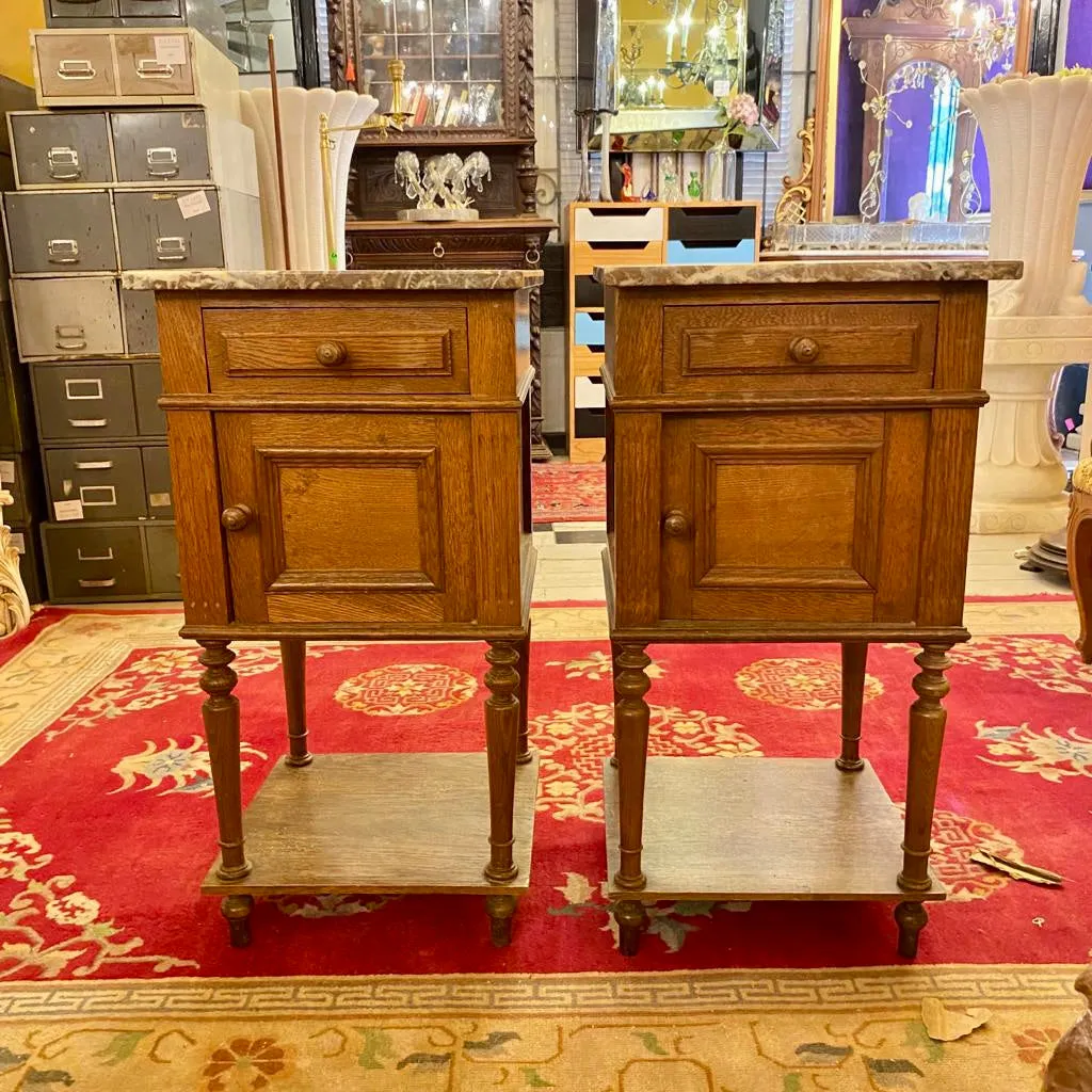 Antique Pair of Bedside Pedestals with Mottled Marble Top