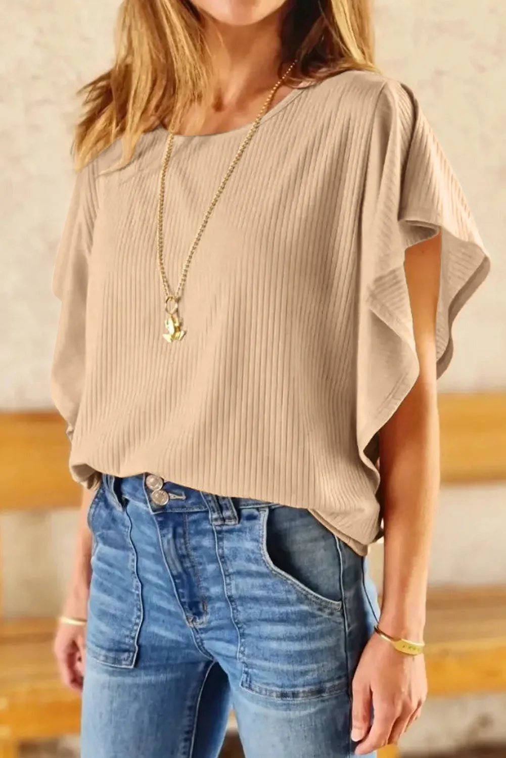 Apricot Ruffled Ribbed Knit Loose Top