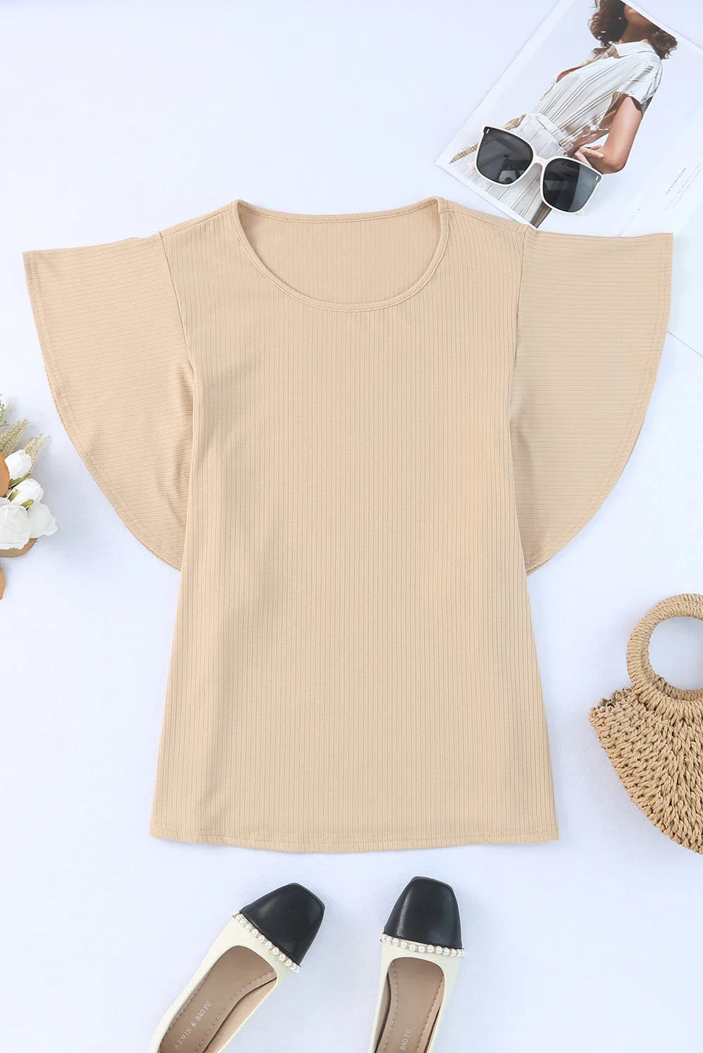 Apricot Ruffled Ribbed Knit Loose Top