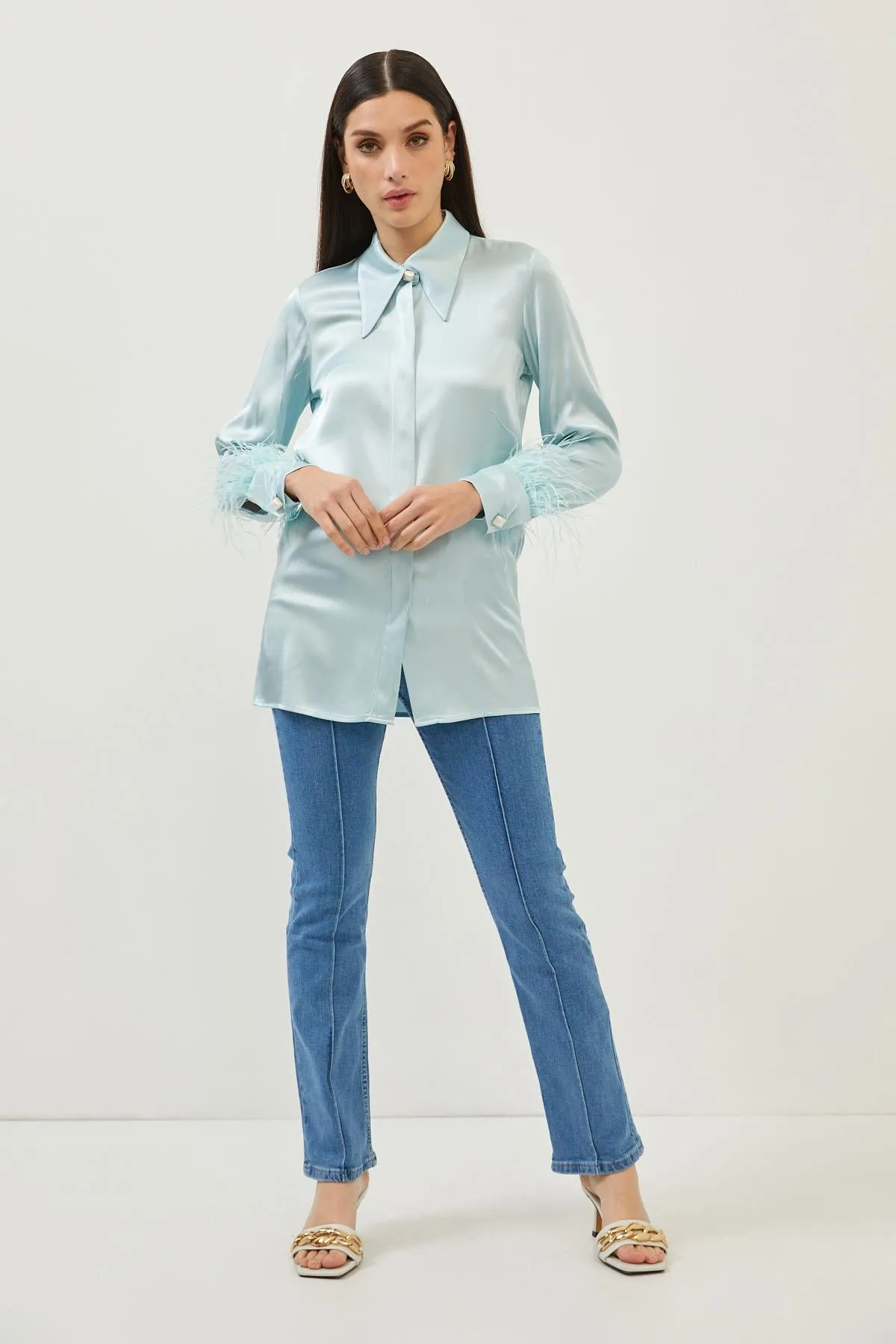 Aqua Silky Feather Detail Fitted Shirt