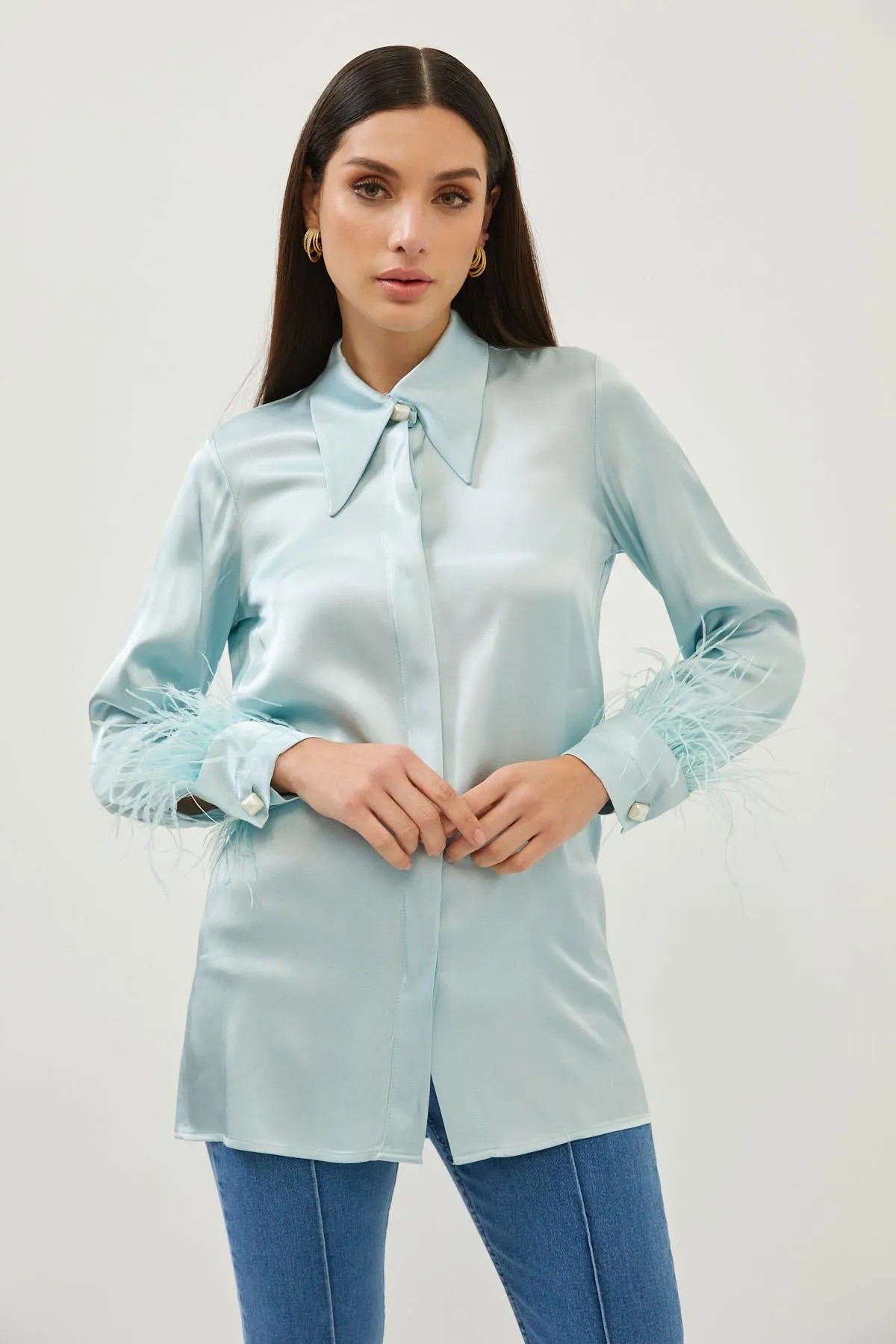 Aqua Silky Feather Detail Fitted Shirt