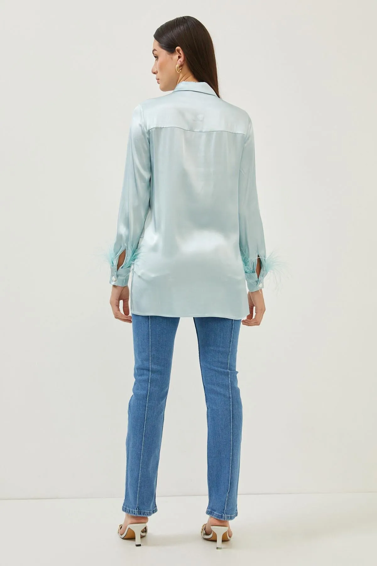 Aqua Silky Feather Detail Fitted Shirt