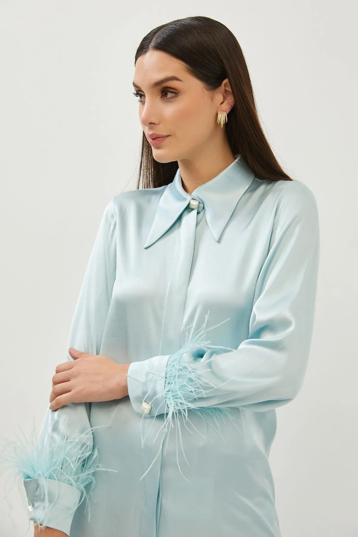 Aqua Silky Feather Detail Fitted Shirt