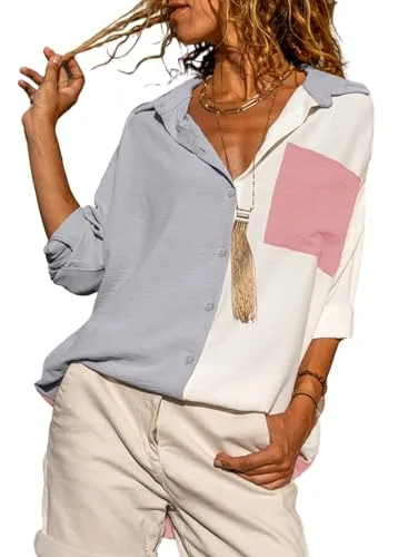 Astylish Women Oversized Collared Shirts Long Sleeve V Neck Fashion Button Down Blouses Color Block Tunic Top Gray Medium