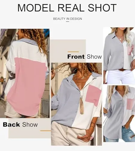 Astylish Women Oversized Collared Shirts Long Sleeve V Neck Fashion Button Down Blouses Color Block Tunic Top Gray Medium