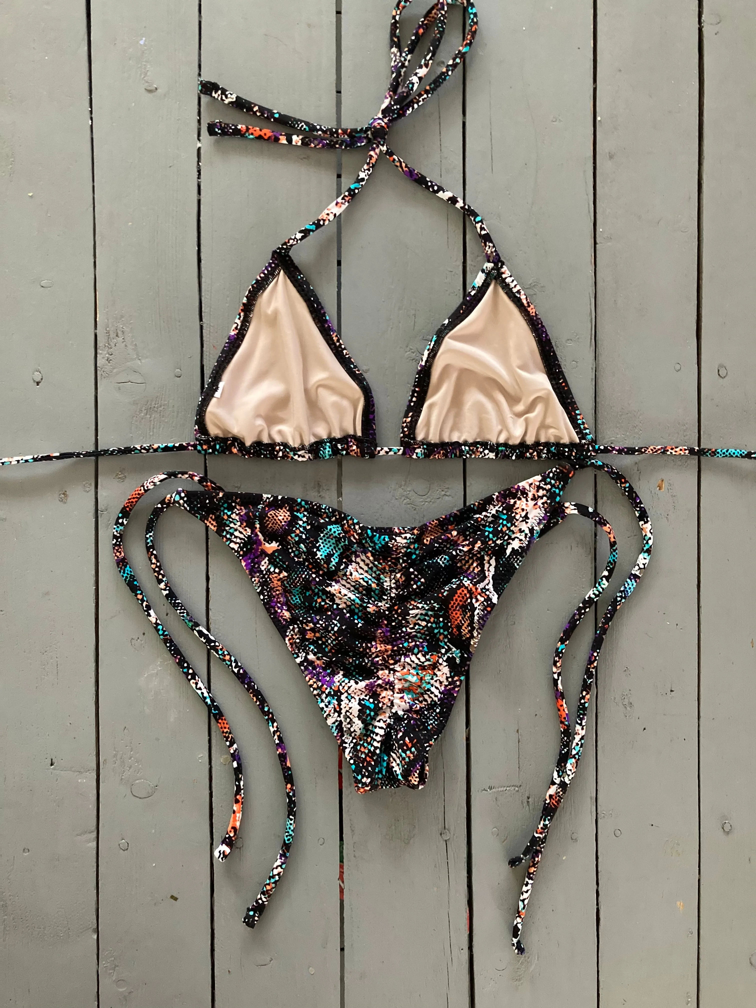 Black Multi-Colored Snakeskin Adjustable Triangle Bikini Top