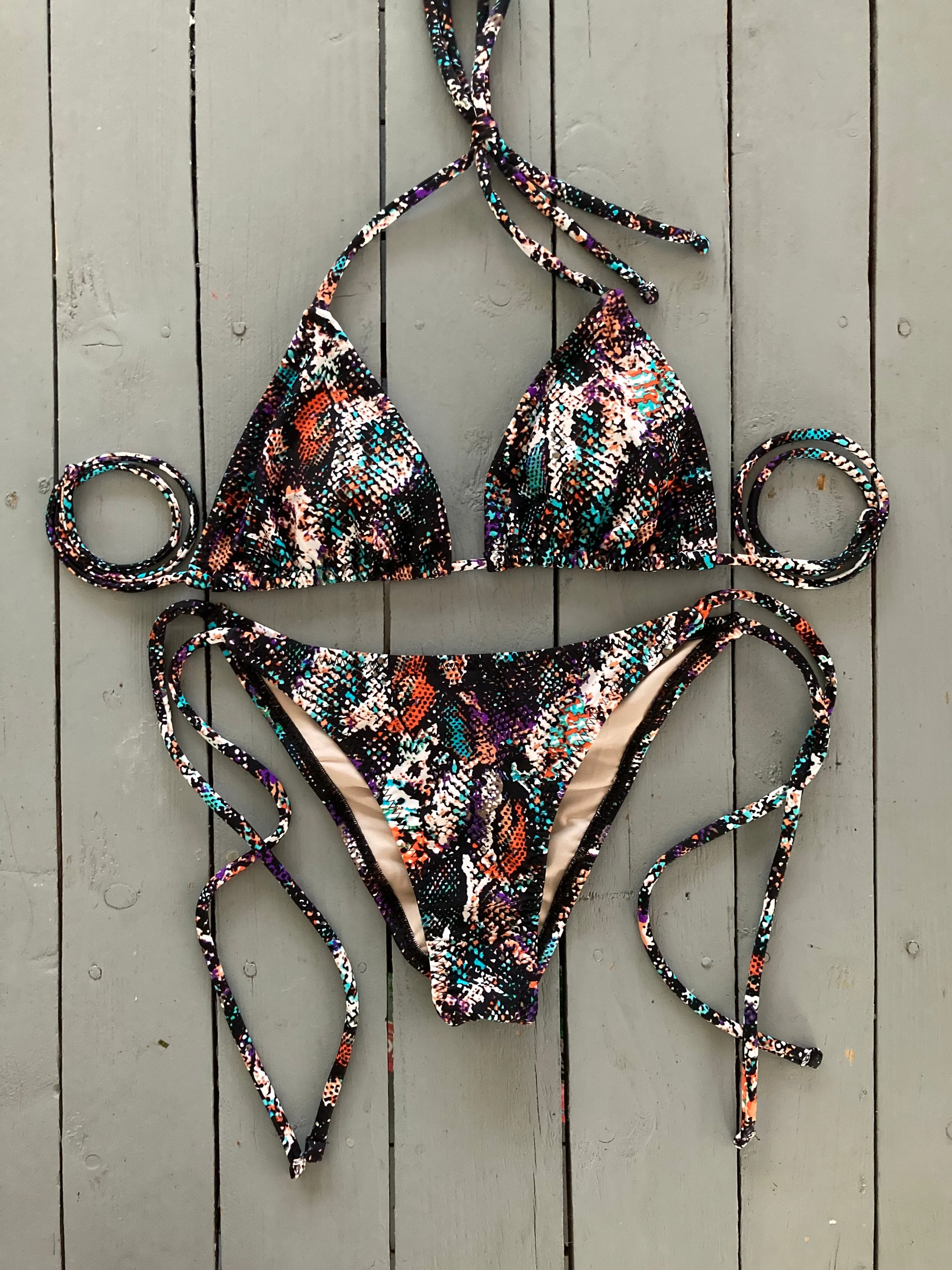 Black Multi-Colored Snakeskin Adjustable Triangle Bikini Top