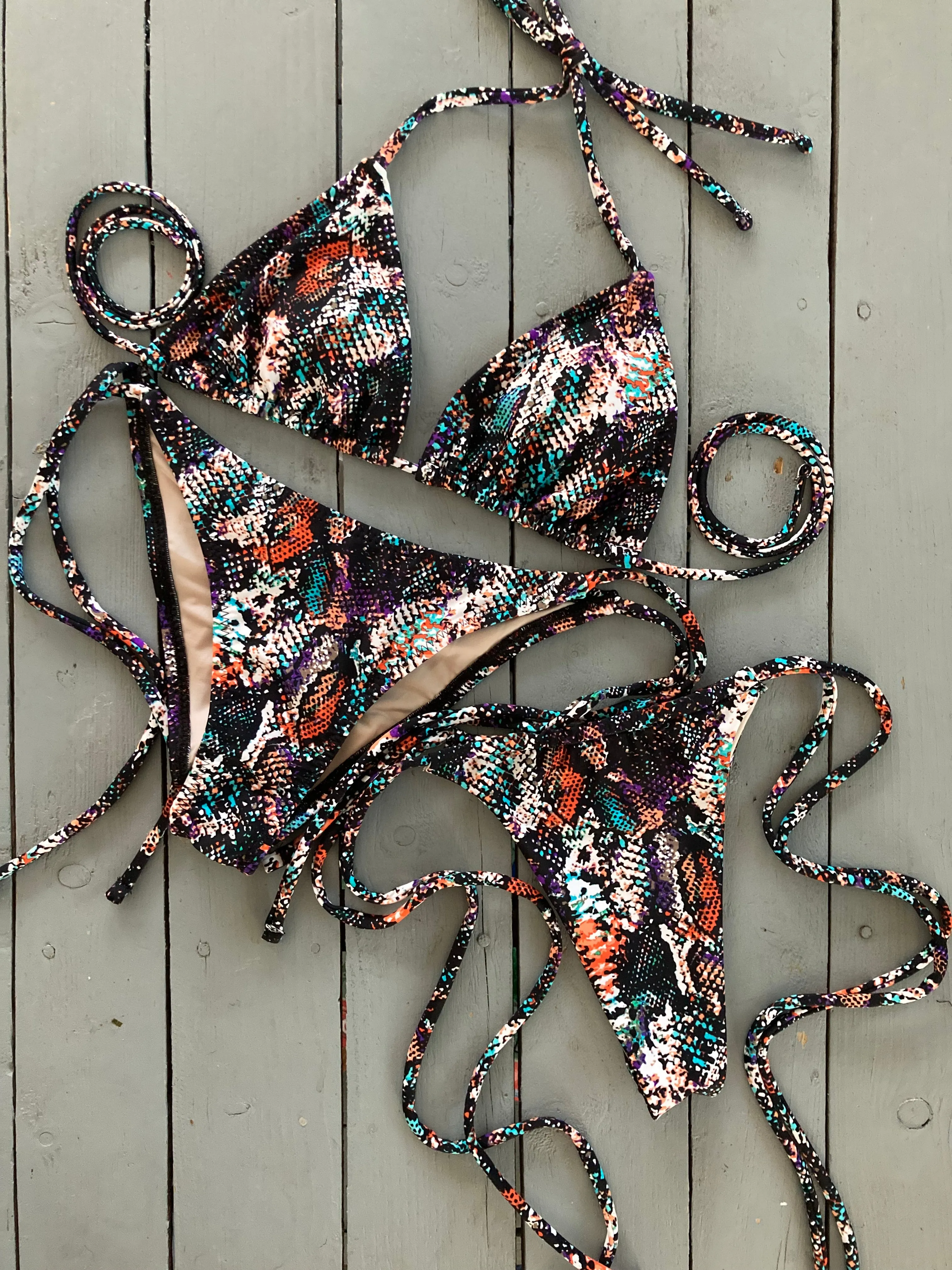 Black Multi-Colored Snakeskin Adjustable Triangle Bikini Top