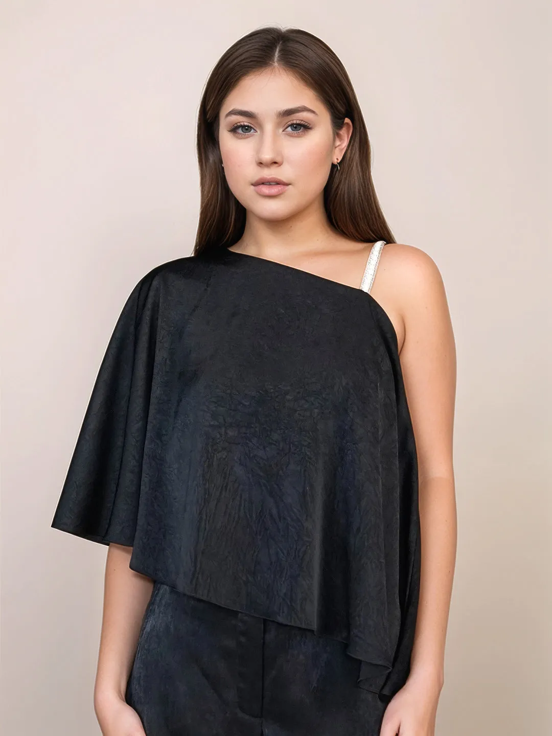 Black Textured One-Shoulder Top