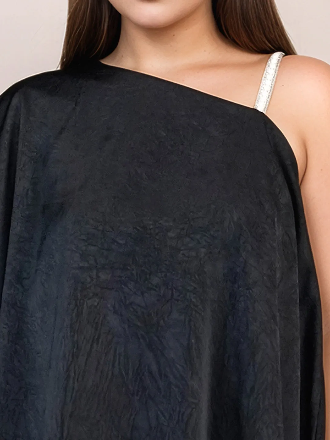 Black Textured One-Shoulder Top