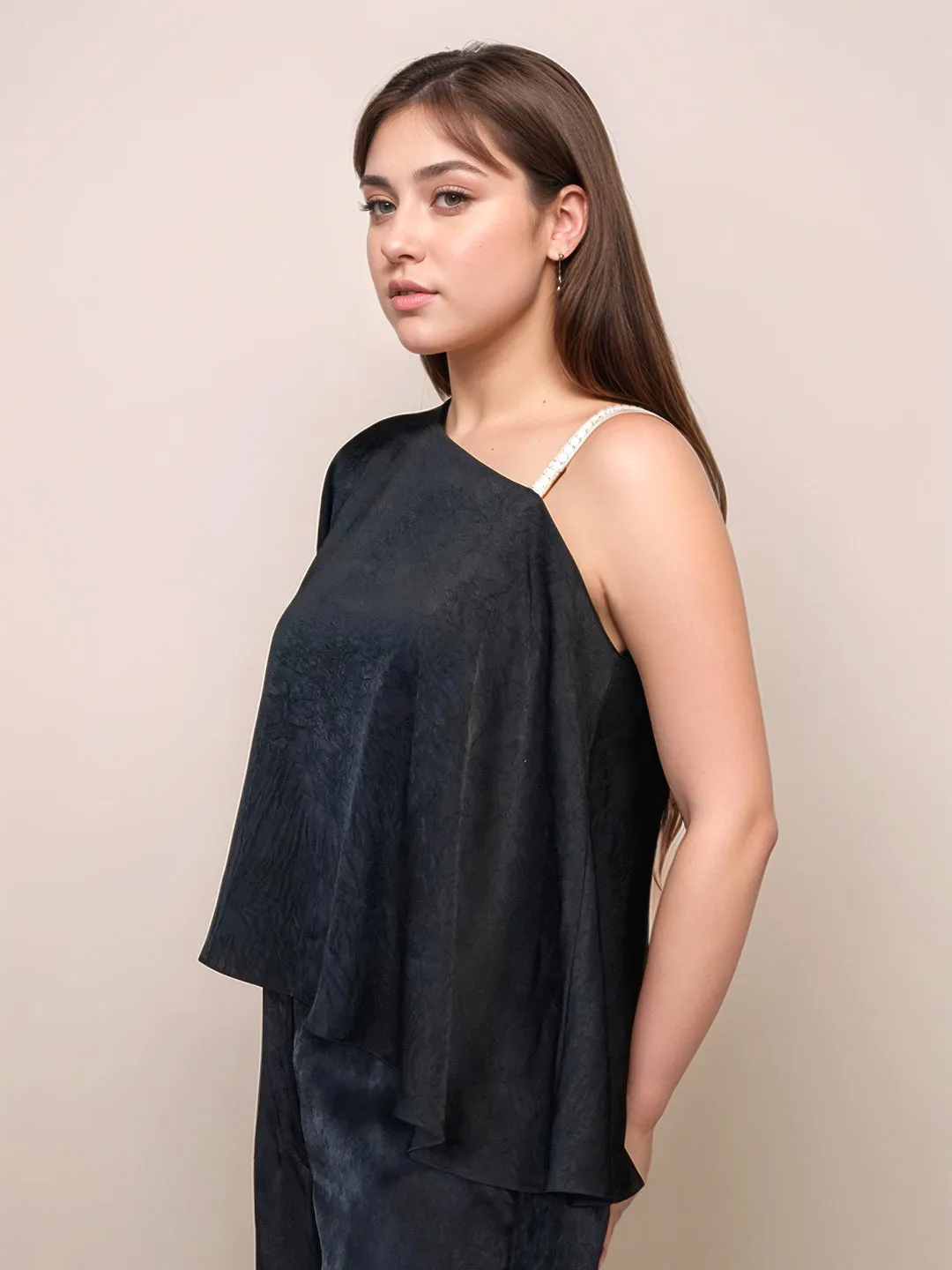 Black Textured One-Shoulder Top