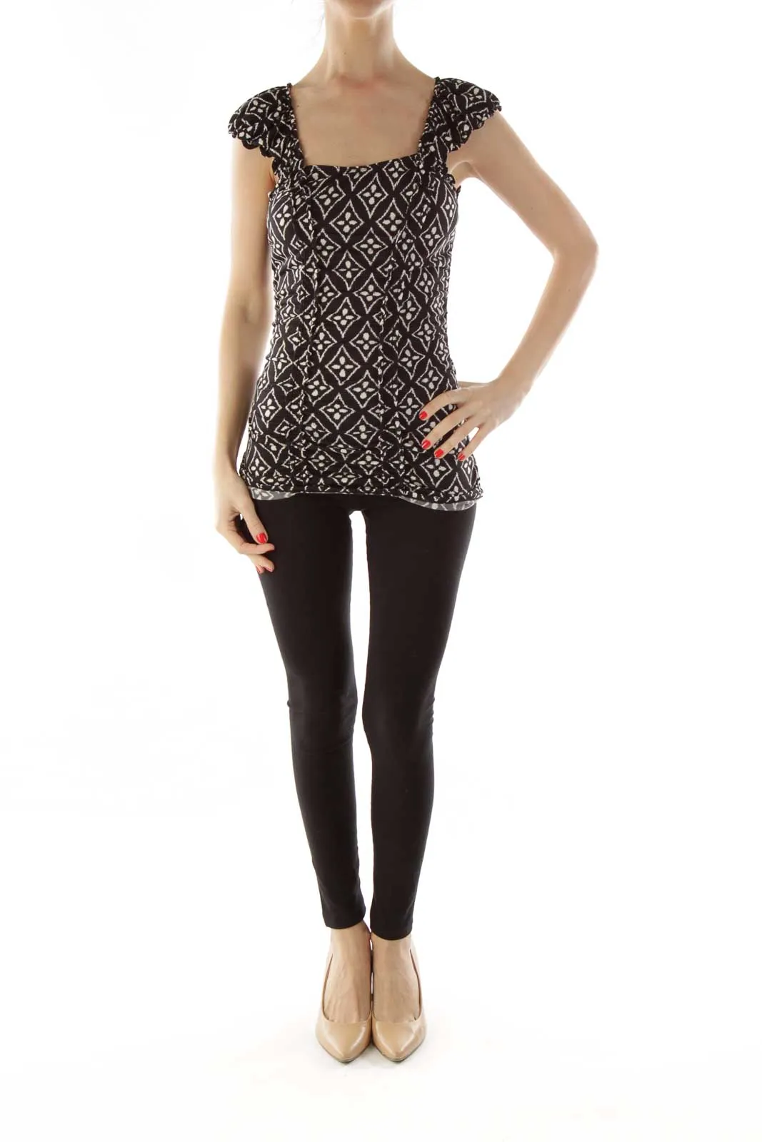 Black White Geometric Print Fitted Top