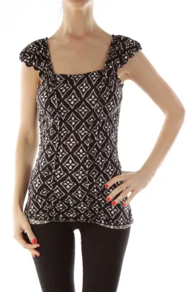 Black White Geometric Print Fitted Top