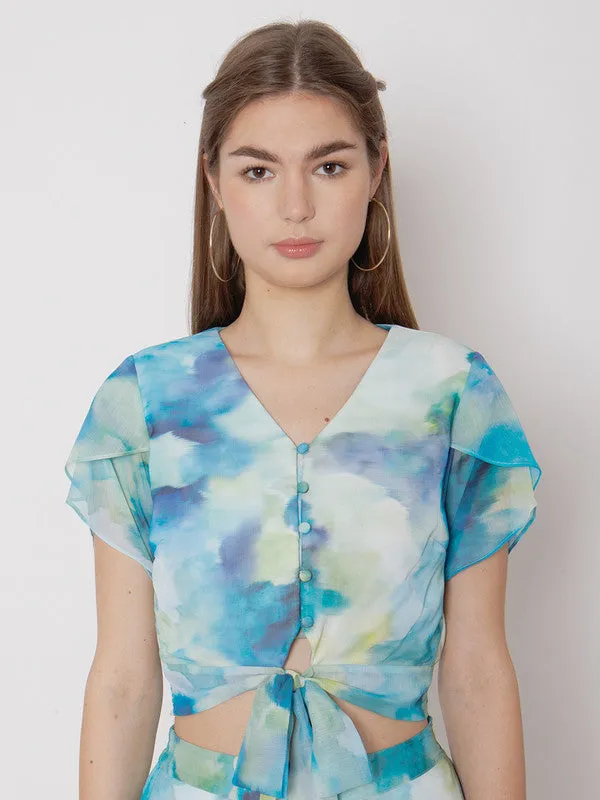 Blue & Green Abstract Printed Fitted Tie Up Top