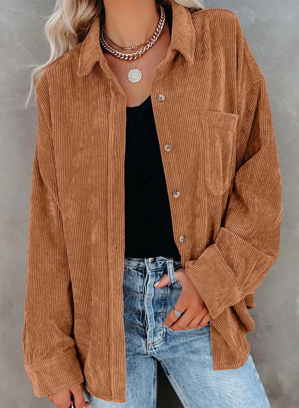 Blue Womens Corduroy Button Down Shirts Boyfriend Long Sleeve Oversized Blouses Tops - Dokotoo