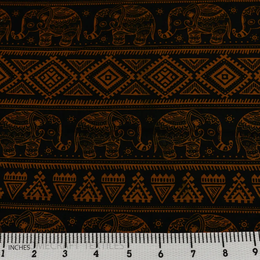 Brown & Black Tribal Elephant Animal Cotton Print