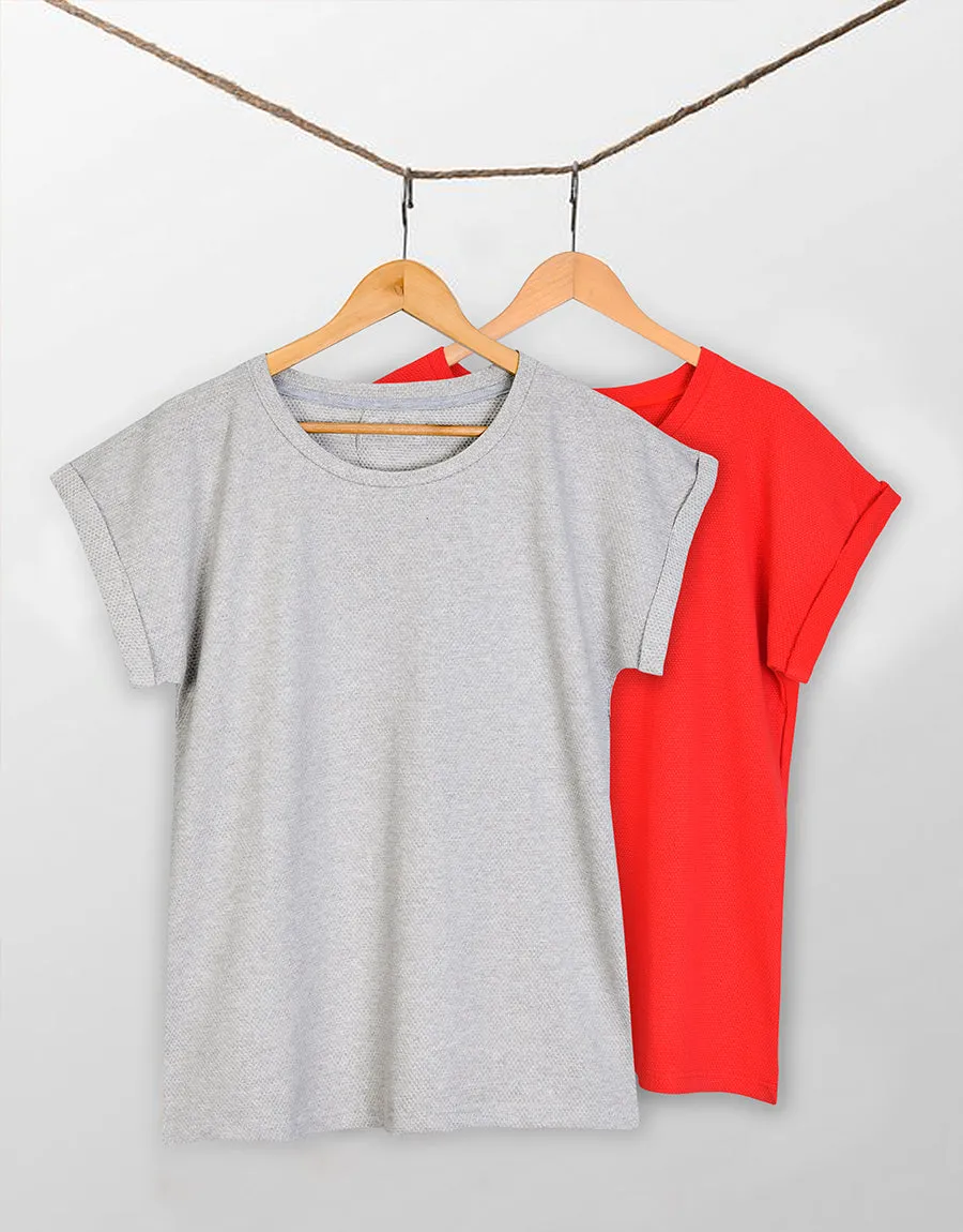 Buy 1 Get 1 Free Unisex Textured Waffle Short Sleeve T-Shirt-Grey-Red