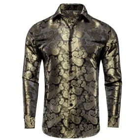 Champagne Black Paisley Silk Men's Long Sleeve Shirt Casual