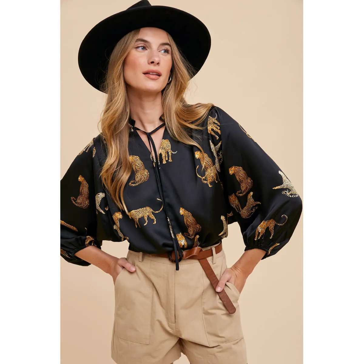 Cheetah V-Neck Satin Blouse