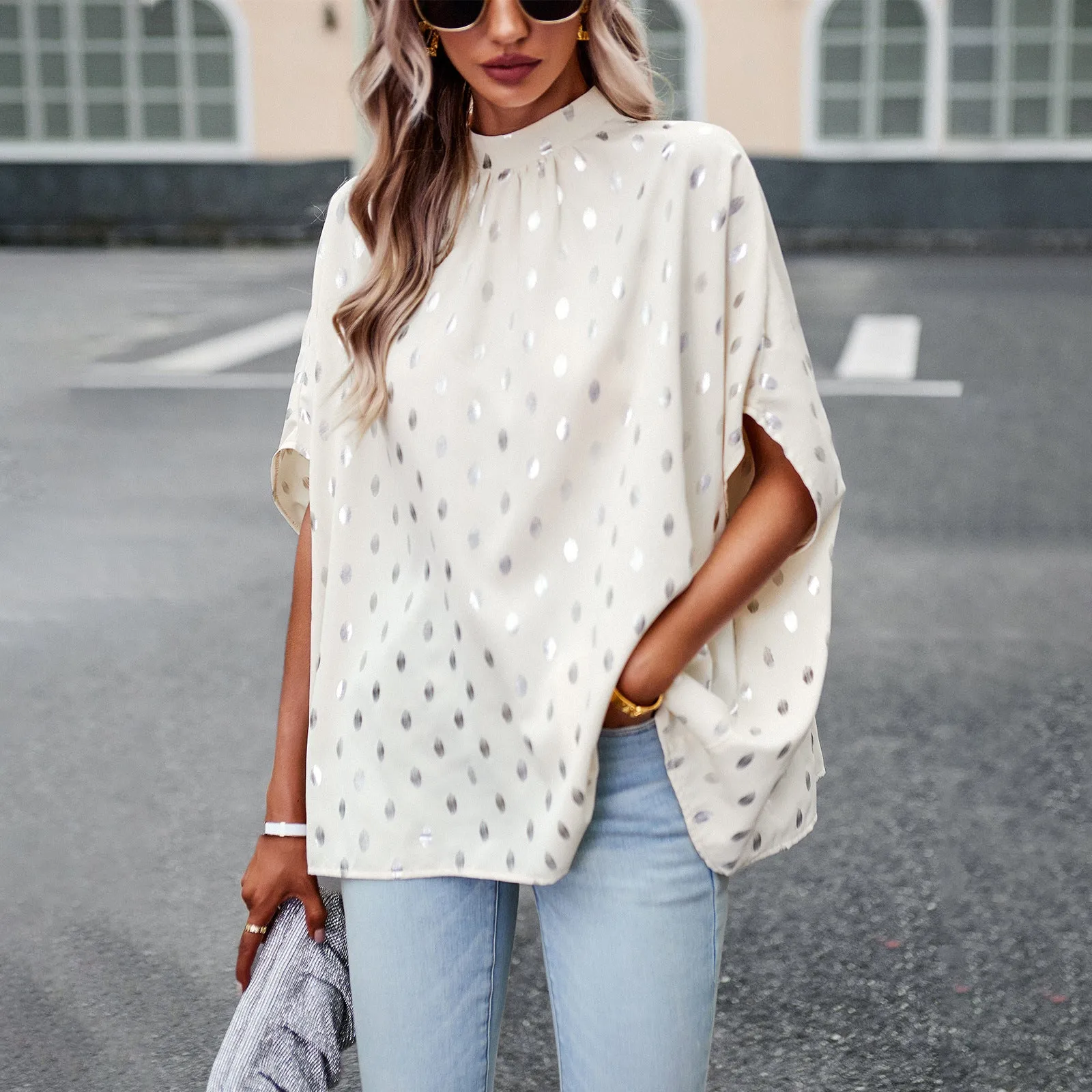 Commuting Loose Trumpet Sleeve Polka Dot Versatile Wholesale Women'S Top