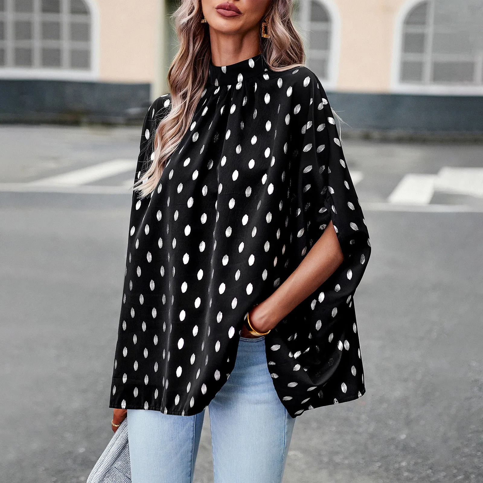 Commuting Loose Trumpet Sleeve Polka Dot Versatile Wholesale Women'S Top