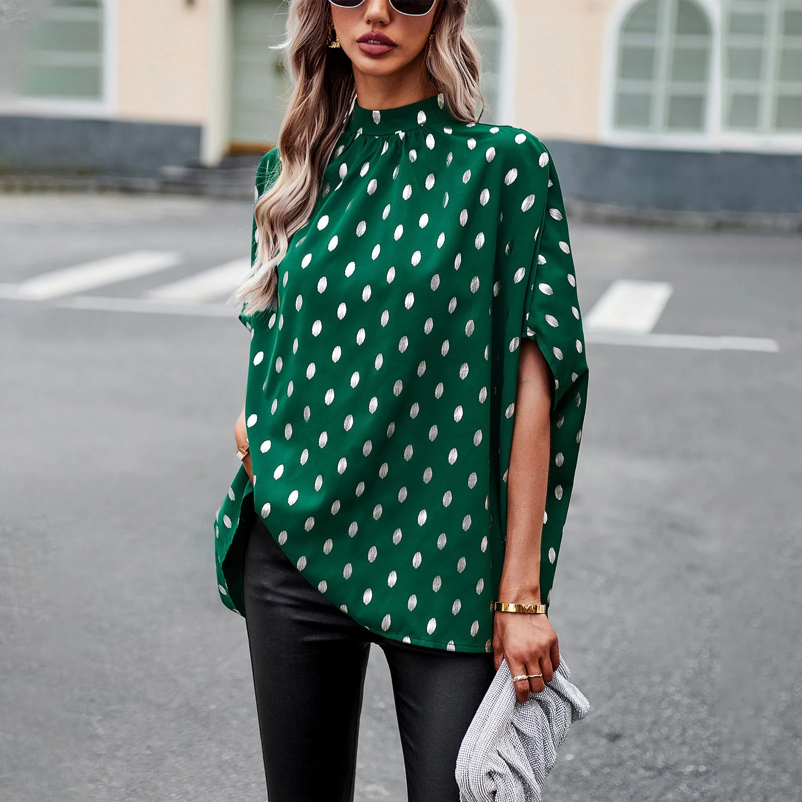 Commuting Loose Trumpet Sleeve Polka Dot Versatile Wholesale Women'S Top