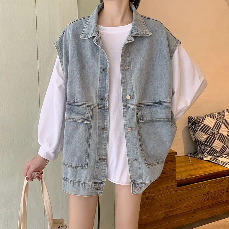 Denim Vest Women Summer Loose Popular Trendy Outdoor All-Matching Korean Sleeveless Cargo Outerwear