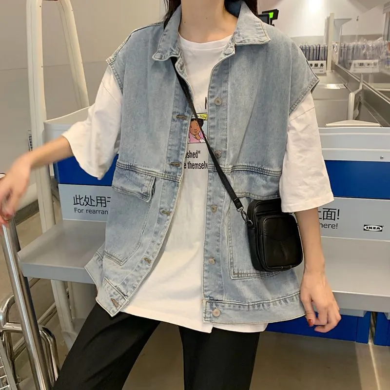 Denim Vest Women Summer Loose Popular Trendy Outdoor All-Matching Korean Sleeveless Cargo Outerwear