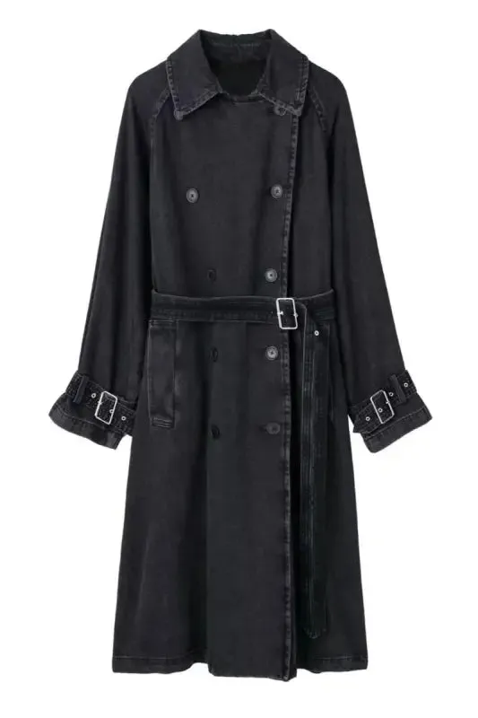 Double Breasted Denim Trench Coat With Adjustable Belt